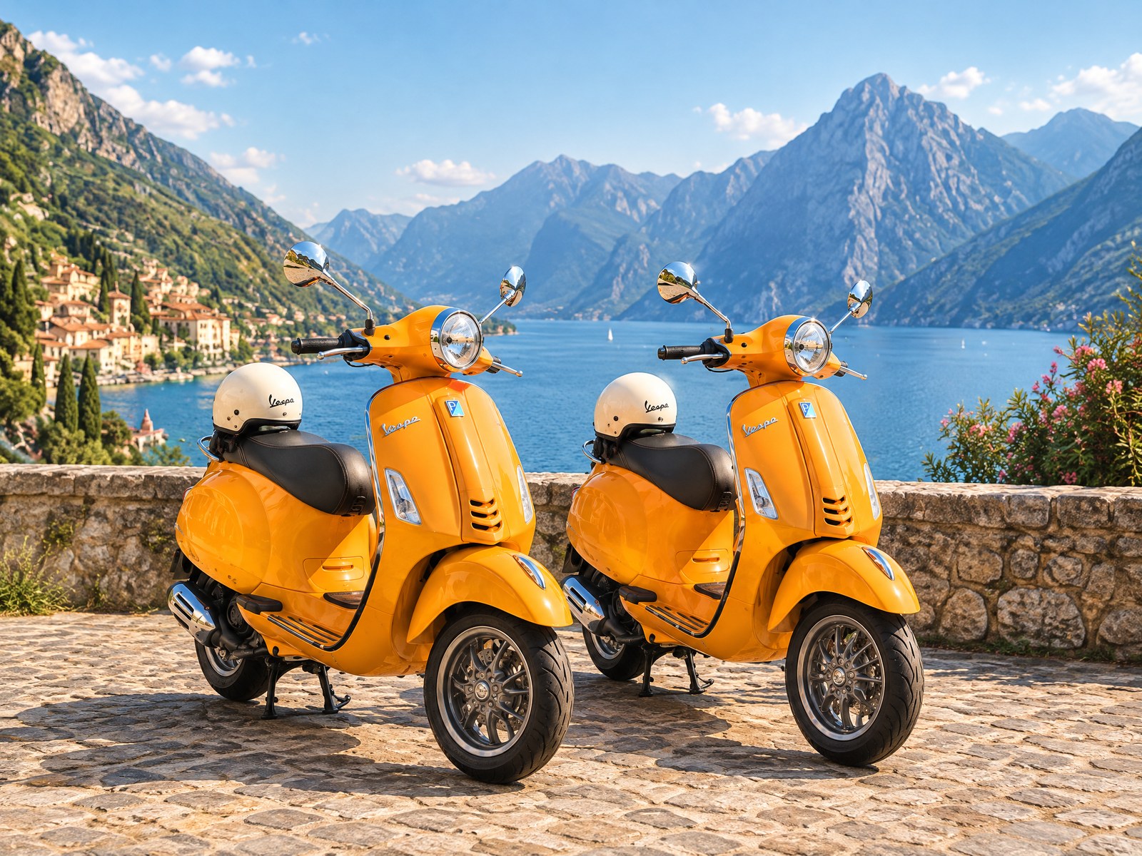 Two orange Vespa Primavera scooters available for rental